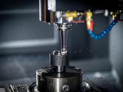 Spindle of a CNC machine above a clamped workpiece.