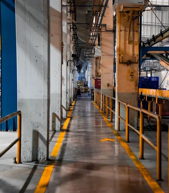 Industrial factory interior with machinery and a marked walkway.