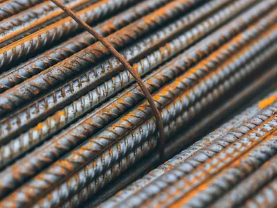 Bundle of ribbed steel reinforcing bars.