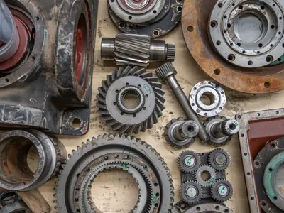 Used gears, bearings and machine components laid out on a workbench.